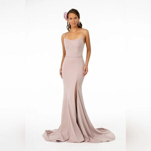 GL2670 Elizabeth K Rome Jersey Illusion Side Slit Long Dress Fabric